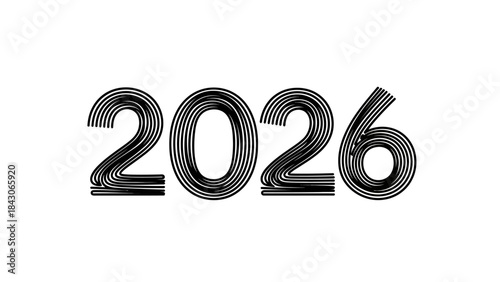 Stylized black and white number 2026 with layered concentric lines design for modern typography or