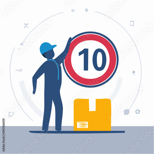 Blue delivery worker holding a '10' sign next to a package, symbolizing excellent service or a high rating.