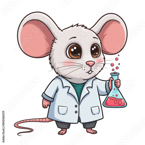 cute cartoon lab mouse scientist holding chemical flask in white coat isolated vector mascot for kids science education and biology