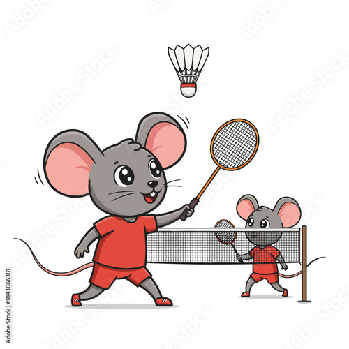 cute cartoon mouse characters playing badminton on court parent and child in red sportswear fun animal sport illustration for kids