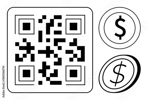 Digital payments, e-commerce, online transactions, financial technology, cashless economy, mobile payments. QR code and dollar symbols displayed clearly. Digital payments and e-commerce concept