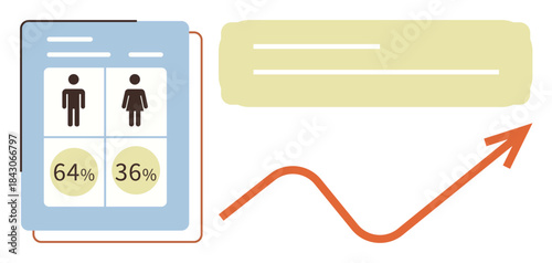 Gender comparison chart with percentages, upward trend arrow, and text space. Ideal for analytics, growth, reporting, trends, marketing demographics and education. Clean flat metaphor