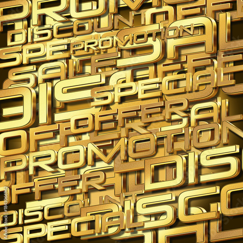 word font gold discount, offer, sale, promotion, special, large, small, gold letters stacked on top of each other as a gold and brown background, decor, fashion, banner