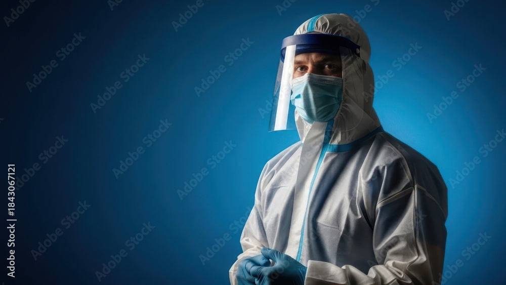 Naklejka premium Person wearing hazmat suit, face shield, & mask against blue backdrop