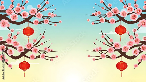 Abstract floral background vector illustration with pink cherry blossom, leaf, branch, and bird for spring nature design, love, and heart card decoration