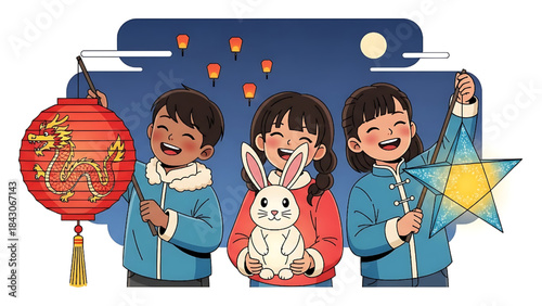Cartoon vector illustration of a boy and a girl celebrating Chinese New Year with family fun