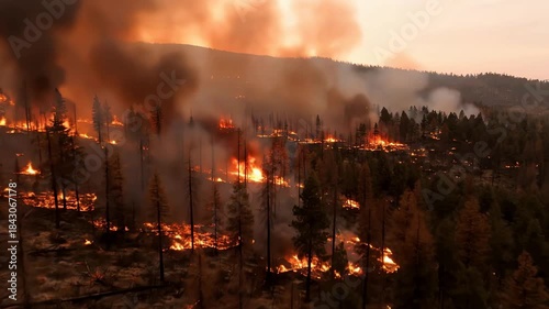 Dramatic aerial view of a massive wildfire engulfing a mountain forest at dusk with intense flames and heavy smoke