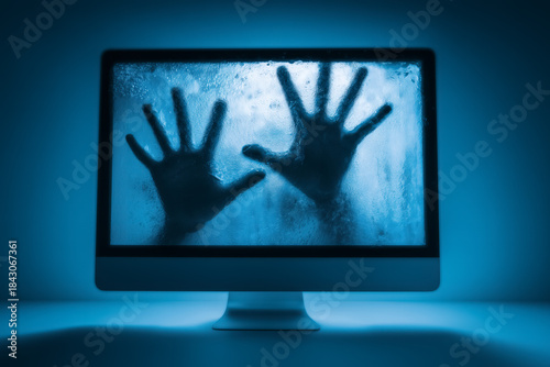 Bilde på lerret Hands pressed against a foggy computer screen in a dark blue room
