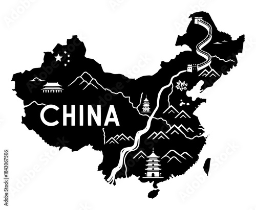 Stylized silhouette map of China featuring the Great Wall and traditional pagodas
