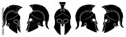 Collection of ancient spartan warrior helmets in front and side views