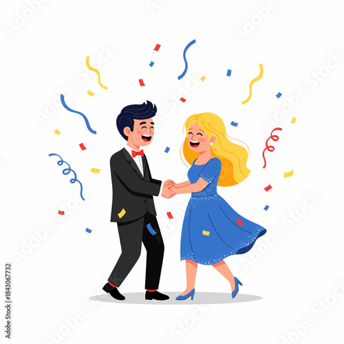 Happy couple dancing at a festive celebration with confetti.