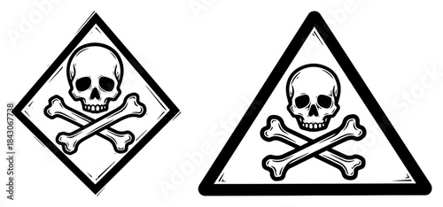 Set of skull and crossbones hazard warning signs in diamond and triangle shapes