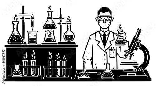 Scientific laboratory interior with chemist holding flask near microscope and equipment