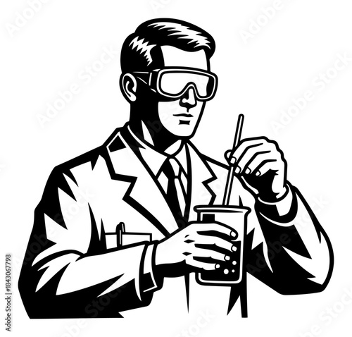 Professional chemist wearing safety goggles mixing liquid in a glass beaker