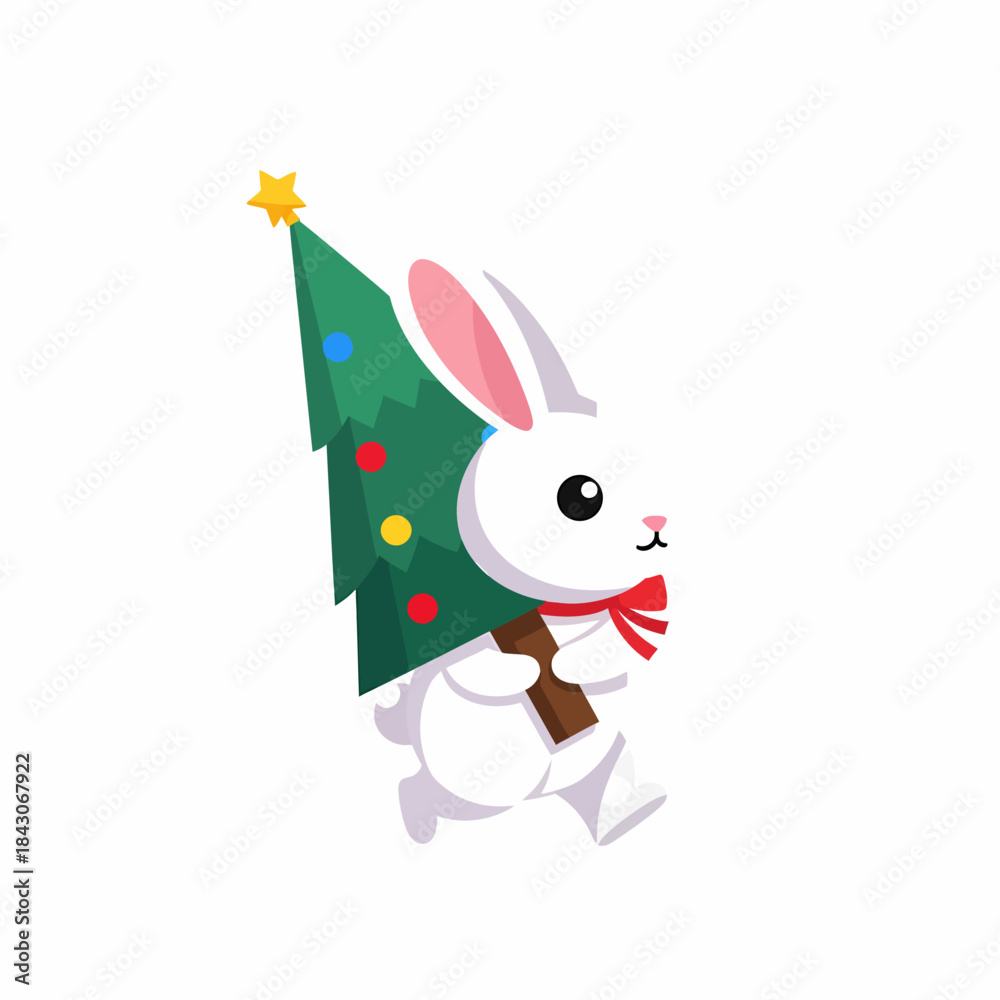 Obraz premium Cute White Rabbit Carrying a Decorated Christmas Tree for Holiday Celebrations.