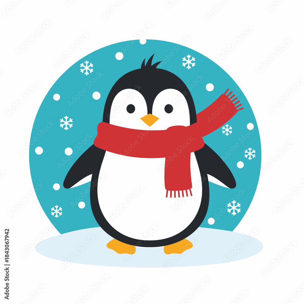 Obraz premium Cute Cartoon Penguin Wearing a Red Scarf Standing on Ice.