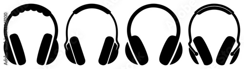 Set of four black over ear headphone silhouettes for music and gaming