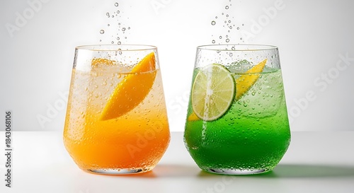 Refreshing summer drinks with fruit slices and ice cubes in glasses.