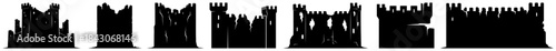 Set of medieval stone castle wall silhouettes and ruined fortifications
