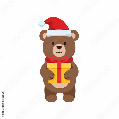 Cute cartoon bear wearing a Santa hat holding a gift box.