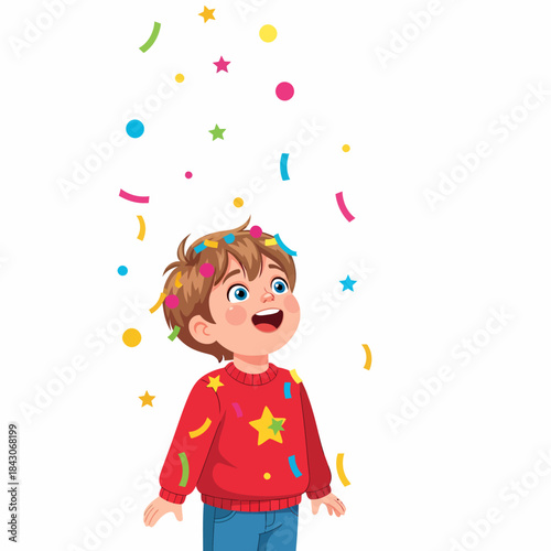 Happy young boy celebrating with colorful confetti falling around him.
