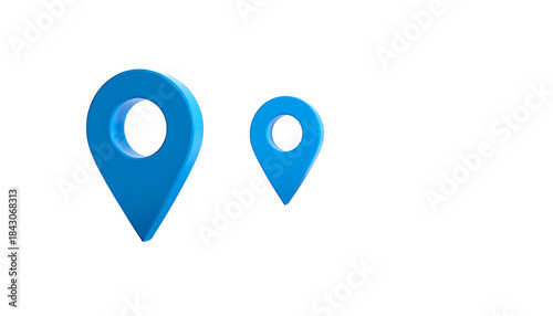 Two blue location markers in differing sizes against a black backdrop, 3D render