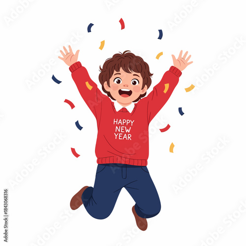 Joyful young boy celebrating New Year with confetti falling around him.