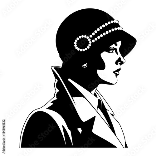 Side profile portrait of an elegant woman wearing a vintage hat and coat in noir silhouette style