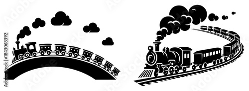 Silhouette vector set of steam locomotives traveling on curved railway tracks