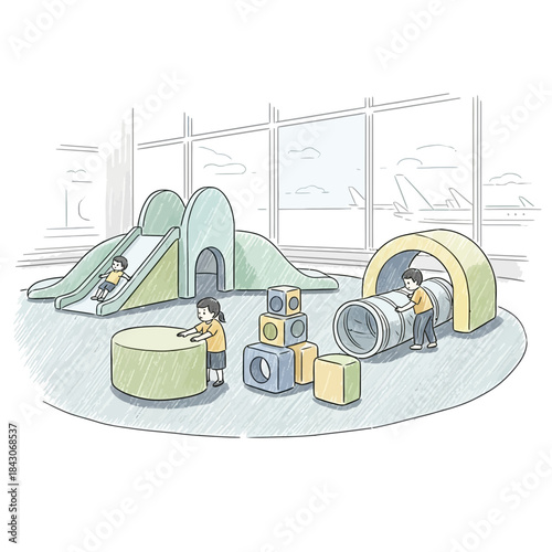 Children Playing and Exploring at an Indoor Playground with Slides and Play Equipment