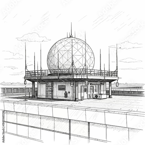 Detailed architectural line drawing of a radar station with a large spherical antenna on a rooftop