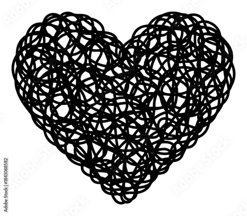 Abstract heart shape made of chaotic scribbled black lines