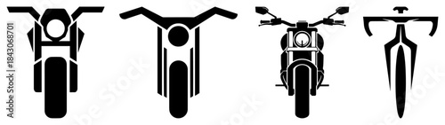 Front view silhouettes of motorcycles and a bicycle for transport design
