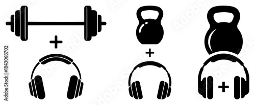 Gym fitness icons combining weights and headphones for workout music