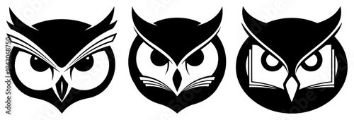 Set of three black stylized owl head logos and education mascots