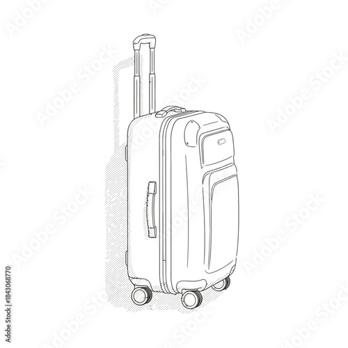 Minimalist line drawing of a large rolling luggage suitcase with extendable handle and four wheels