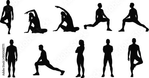 Set of Black Silhouettes of People Exercising, Showing Various Fitness, Yoga, and Stretching Poses, Vector Illustration Collection,