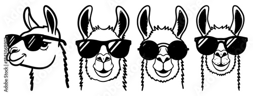 Funny hand drawn llama heads set wearing sunglasses