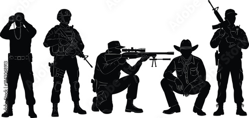 Set of Black Soldier and Military Silhouettes, Including Sniper, Binoculars Operator, and Rifle Carriers, Army Forces Vector Illustration Graphics, Isolated on White.