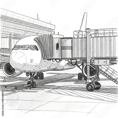 sketch of modern passenger airplane at airport gate with jet bridge and ground support equipment