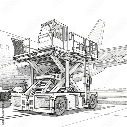 Technical Line Drawing of an Aircraft Taxiing in a Hangar with Ground Support Equipment in a