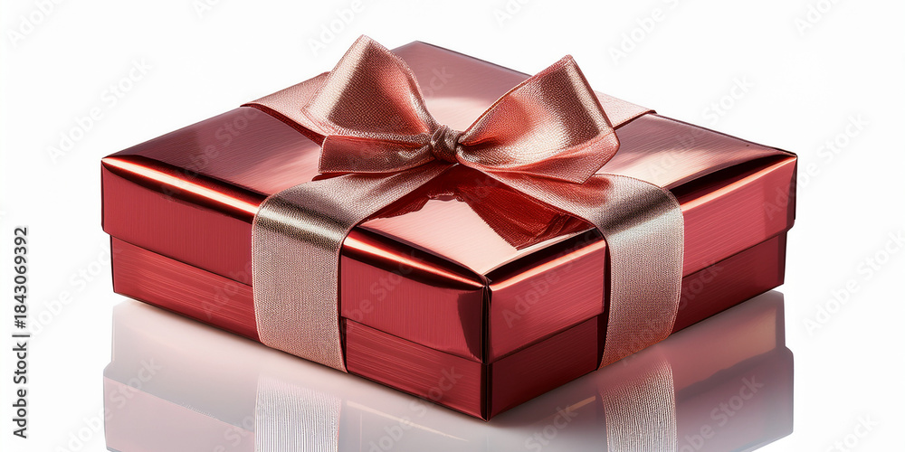 Fototapeta premium A glossy red gift box tied with a metallic pink ribbon rests on a white reflective surface, evoking celebration, gift giving, and holiday cheer; ideal for marketing, promotions, and festive occasions