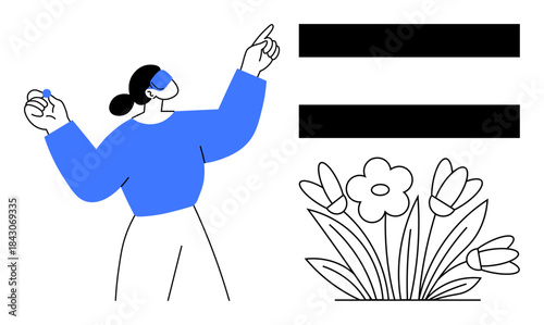 Confident woman in blue clothes pointing at equal sign, blooming flowers nearby. Ideal for equality, balance, empowerment, harmony, growth, nature themes, minimal design concepts simple flat