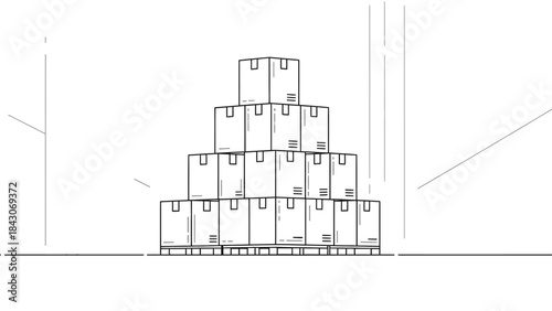 Boxed pyramid structure: An orderly pyramid of stacked shipping boxes, creating a stark visual of logistics and organization. The lines emphasizes a clear, modern aesthetic.