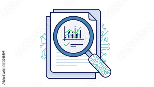 Digital data analysis and reporting concept with magnifying glass over documents showing charts and AI elements.