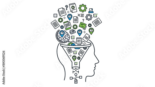 An illustration depicting information and data flowing into a human head through a funnel, symbolizing knowledge processing and cognitive functions.