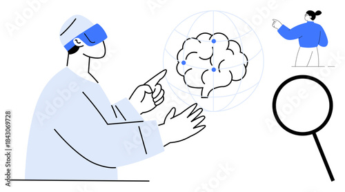 Artificial intelligence, virtual reality, brain science, data visualization, healthcare innovation, digital technology. Human pointing at a brain model with magnifying glass and tech elements