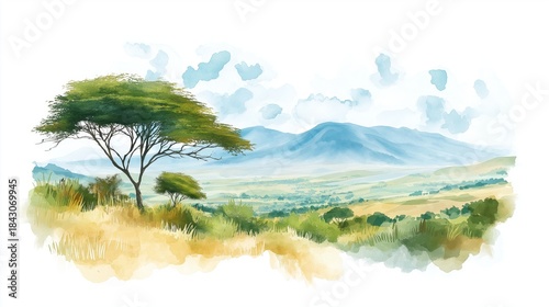 Great Rift Valley. Great Rift Valley hand drawn watercolor illustration on white background