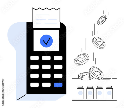 E-commerce, financial technology, digital payments, retail transactions, online shopping, cashless society. Payment terminal with receipt and falling coins. E-commerce and financial technology
