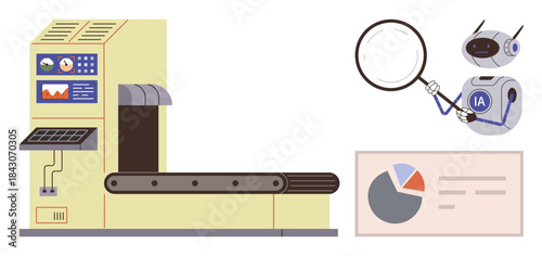 Conveyor belt machine processing materials, AI robot using magnifying glass, analyzing pie chart and graphs. Ideal for automation, technology, AI, data analysis, innovation, quality control simple